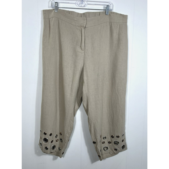 Soft Surroundings Farrah Wide Leg Linen Blend Pants Grommet Hem Size PXL Khaki - Picture 1 of 11